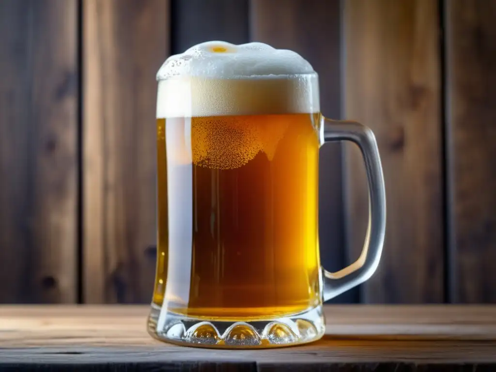 Cerveza artesanal dorada en vaso de vidrio Imagen de un vaso de cerveza artesanal dorada en una mesa de madera, con burbujas y espuma cremosa - Blogs Esenciales