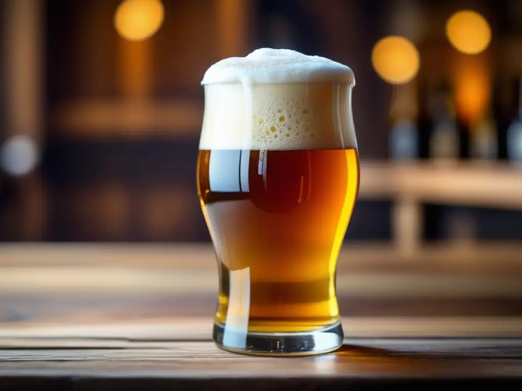 Cerveza artesanal dorada en vaso Cerveza artesanal con espuma cremosa en vaso de madera - Consumidores Actuales