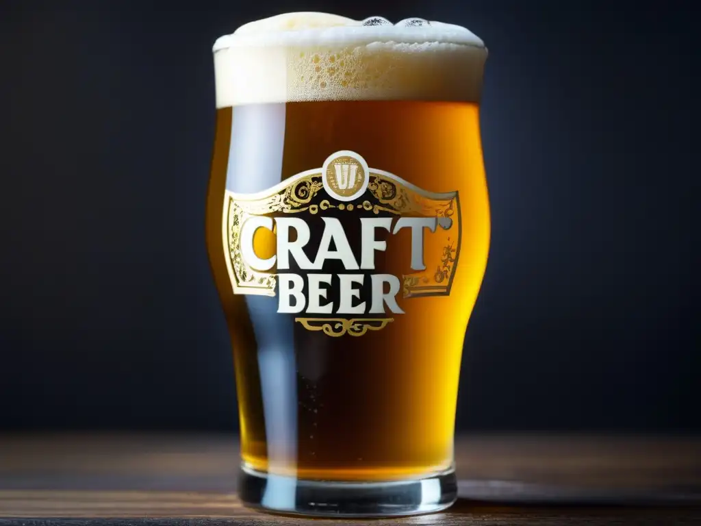 Pinta de cerveza artesanal dorada y espumosa Cervezas en Barril: Detalles dorados, burbujas y espuma cremosa en una pinta de cerveza artesanal sobre fondo oscuro