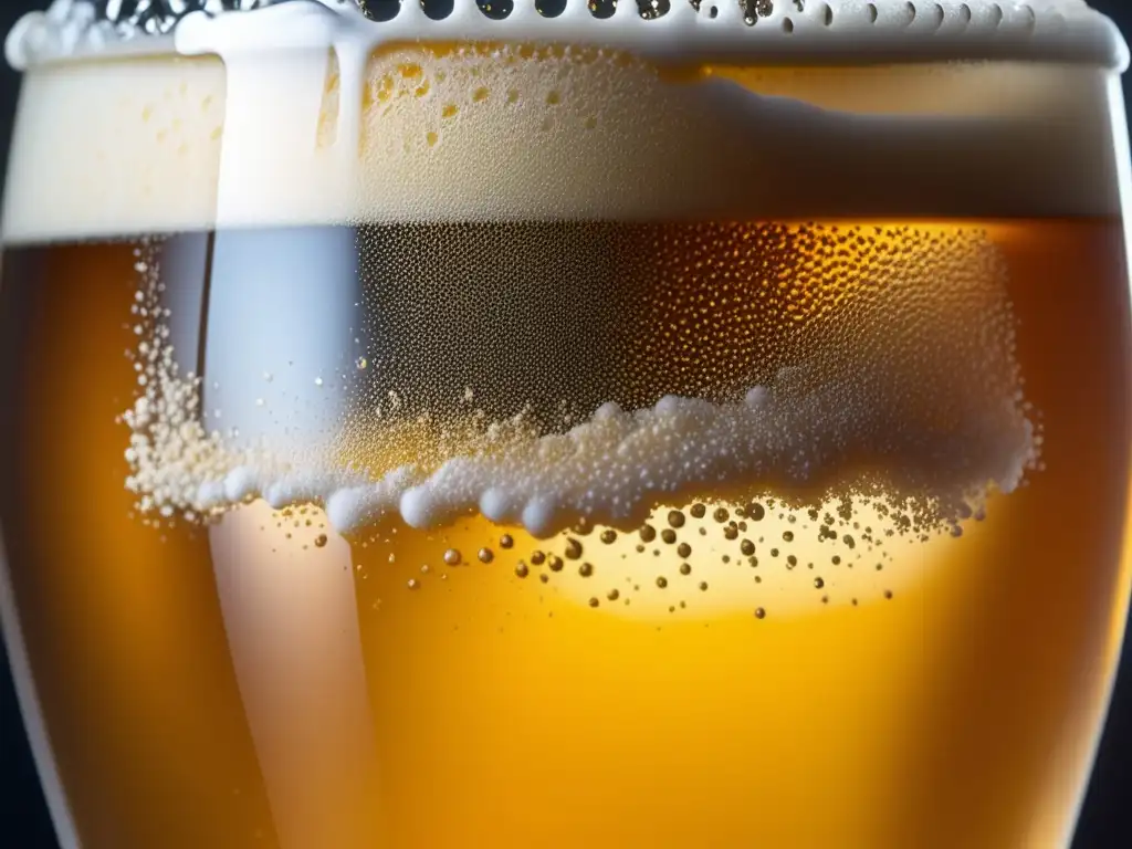 Cerveza artesanal dorada con burbujas Cerveza artesanal dorada con burbujas, espuma y selección de ingredientes vibrantes