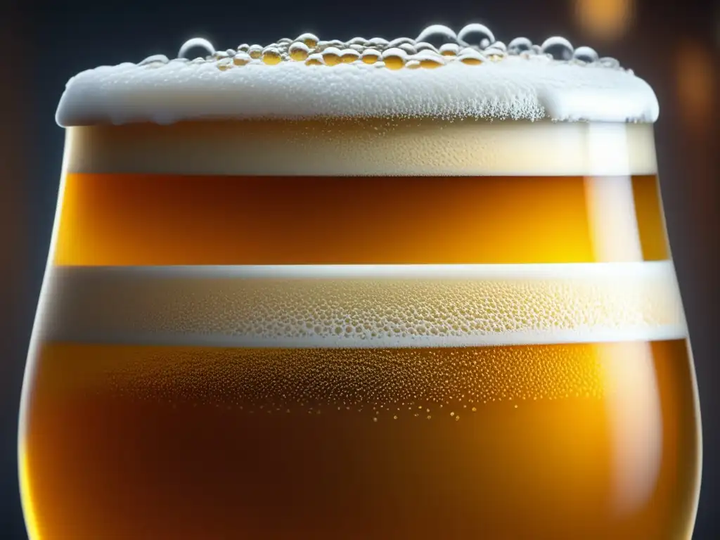 Cerveza artesanal dorada con burbujas Ultradetalle: Cerveza artesanal ámbar con burbujas y espuma cremosa
