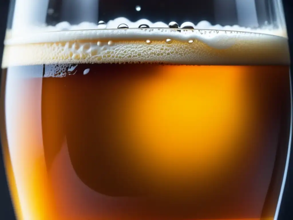 Cerveza casera ámbar con espuma cremosa Cerveza casera ámbar con espuma cremosa, burbujas y condensación en vaso - Guía cereales