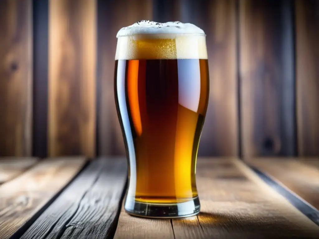 Cervezas especiales: vidrio artesanal lleno de cerveza dorada y espumosa, con burbujas y detalles de madera rústica