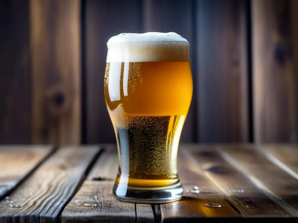 Cerveza artesanal dorada con espuma en vaso Cerveza artesanal dorada y espumosa en vaso sobre mesa de madera rústica