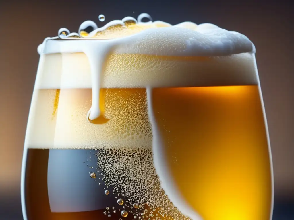 Imagen detallada de una cerveza artesanal moderna, con espuma cremosa, burbujas y ricos detalles