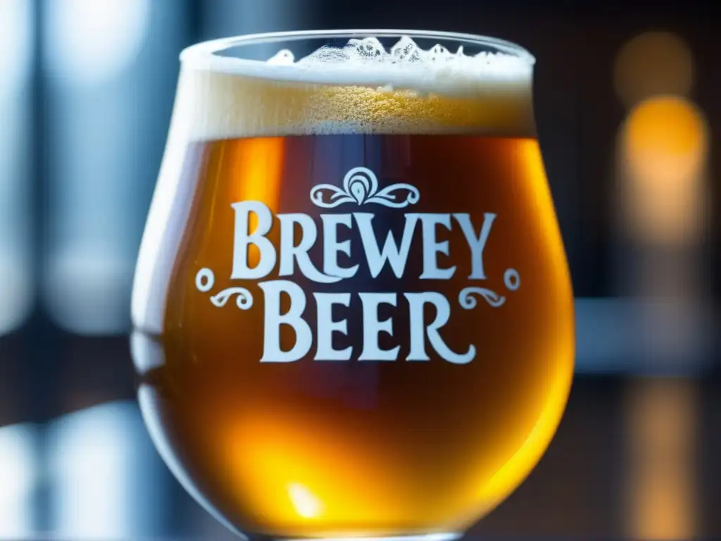 Cerveza artesanal ámbar con espuma cremosa Un vaso de cerveza artesanal ámbar con espuma cremosa y detalles del logo de la cervecería