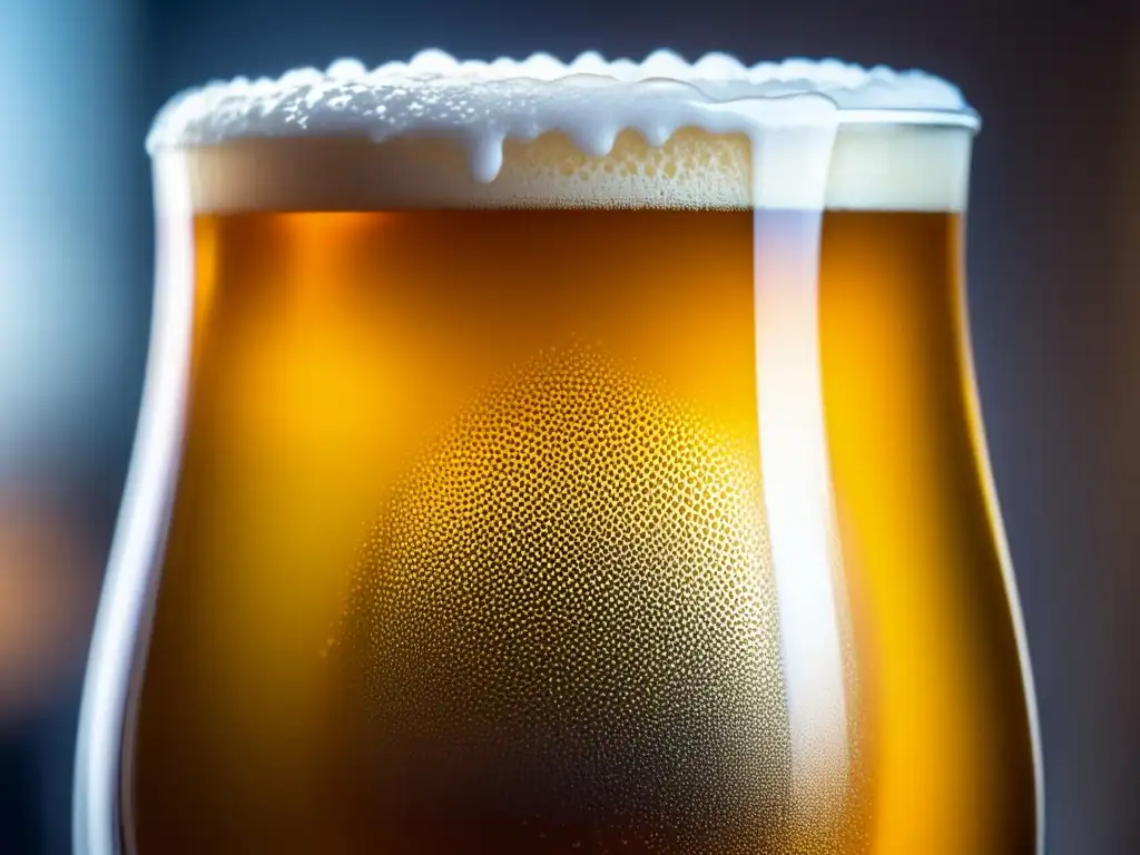 Cerveza artesanal dorada con espuma exuberante y burbujas, reflejando luz y elegancia - Bares en Lyon