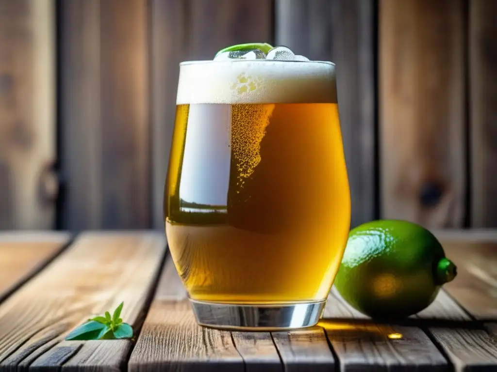 Cerveza artesanal dorada con jengibre y lima Cerveza artesanal dorada con jengibre y lima en mesa rústica