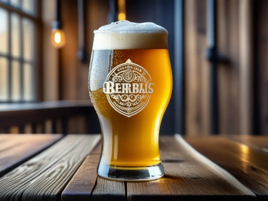 Cerveza artesanal dorada en mesa de madera Cerveza artesanal dorada con espuma cremosa, condensación y madera en 'Entre Tanques y Barriles'