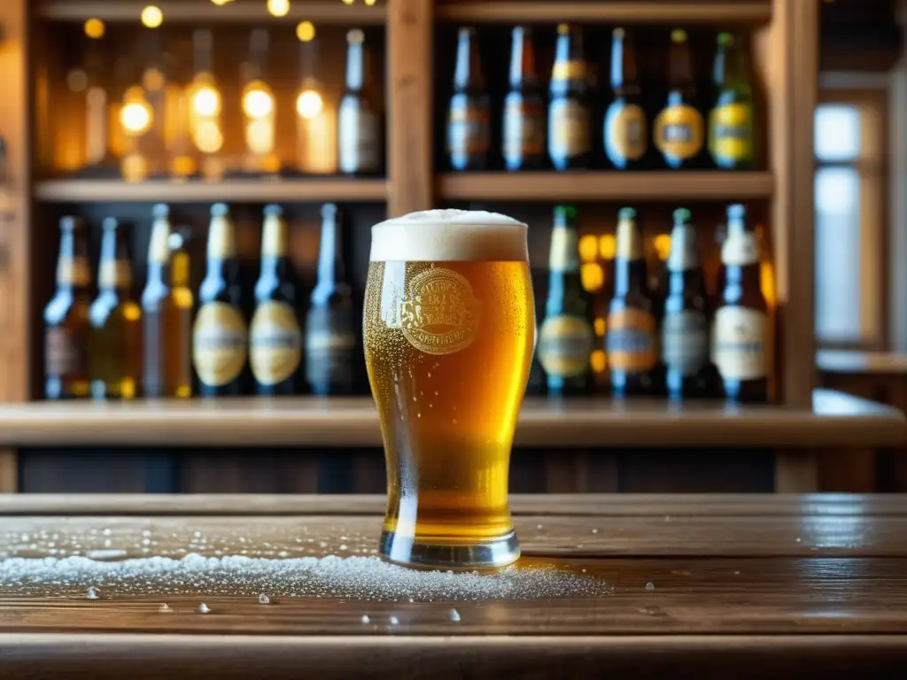 Cerveza artesanal dorada en vaso sobre mesa de madera en bar de Estocolmo - Viajes a Suecia