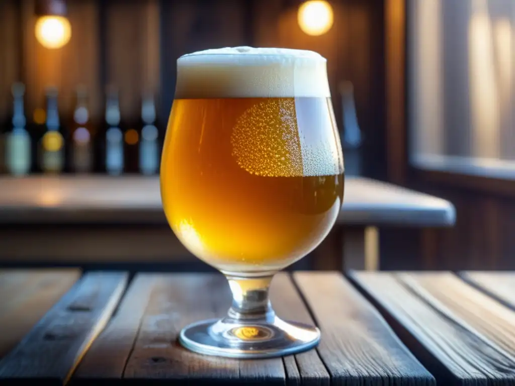Cerveza artesanal dorada en mesa de madera Imagen detallada de una cerveza ácida en un vaso, con iluminación suave en una mesa de madera rústica