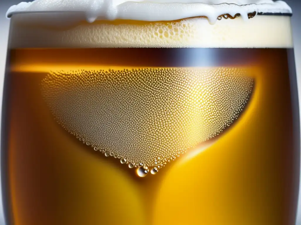 Introducción al mundo cervecero: imagen detallada de una cerveza artesanal dorada, con espuma cremosa y burbujas brillantes reflejando la luz