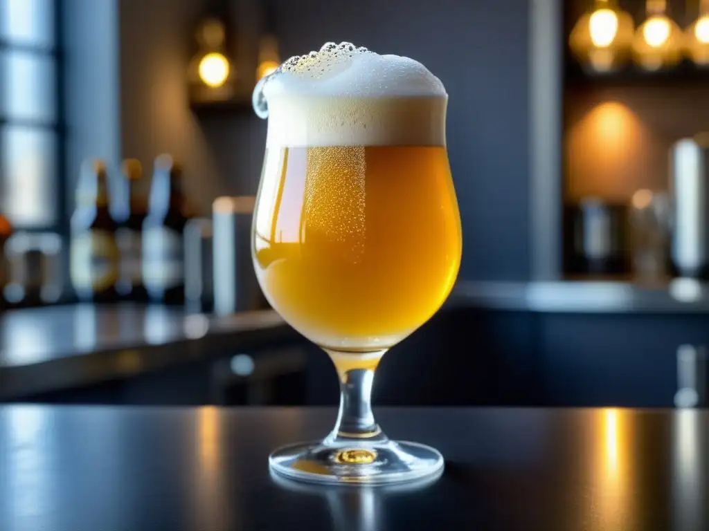 Cerveza artesanal dorada en vaso tulipa Cerveza craft en Asia: espuma dorada y burbujas (110 caracteres)