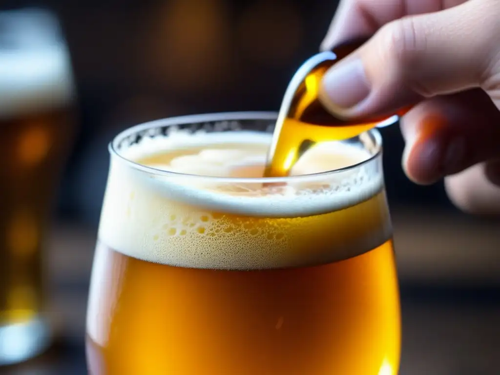 Un vaso de cerveza artesanal ámbar, con condensación y burbujas, resalta logo grabado