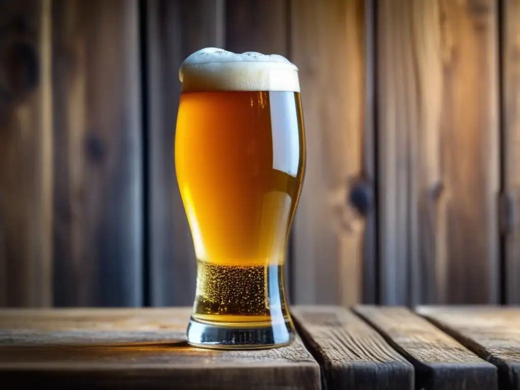 Inversiones Cerveceras: Cerveza artesanal dorada con espuma cremosa, detalle de burbujas efervescentes y fondo de madera rústica