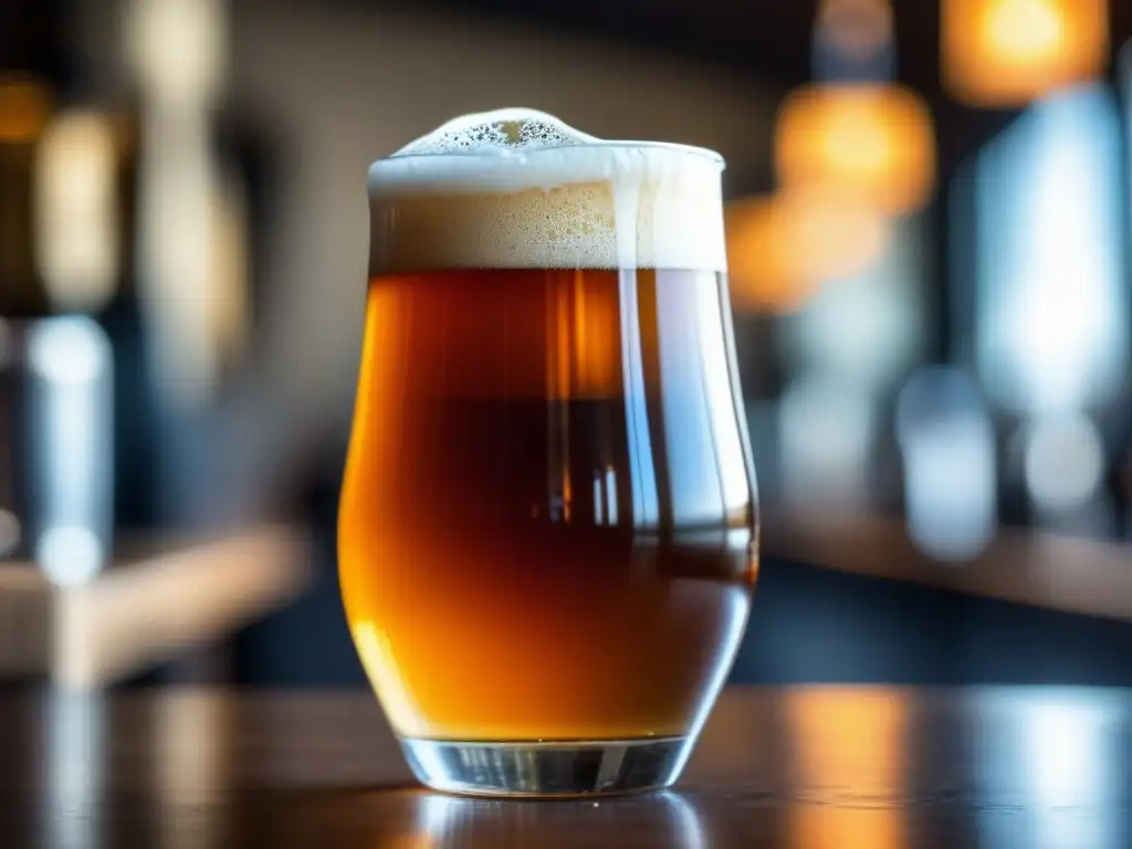 Cerveza artesanal dorada y cremosa Una deliciosa cerveza artesanal ámbar en un vaso, perfectamente servida, con espuma cremosa y burbujas
