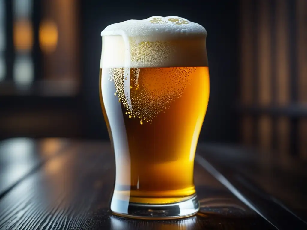 Introducción al mundo cervecero: cerveza artesanal dorada en vaso con espuma cremosa y burbujas detalladas