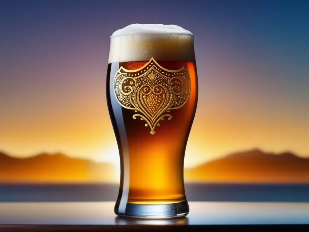 Cerveza artesanal dorada en vaso de cristal Vidrio de cerveza con espuma dorada y burbujas, resaltando la artesanía y tonos cálidos, ideal para bares en Atenas