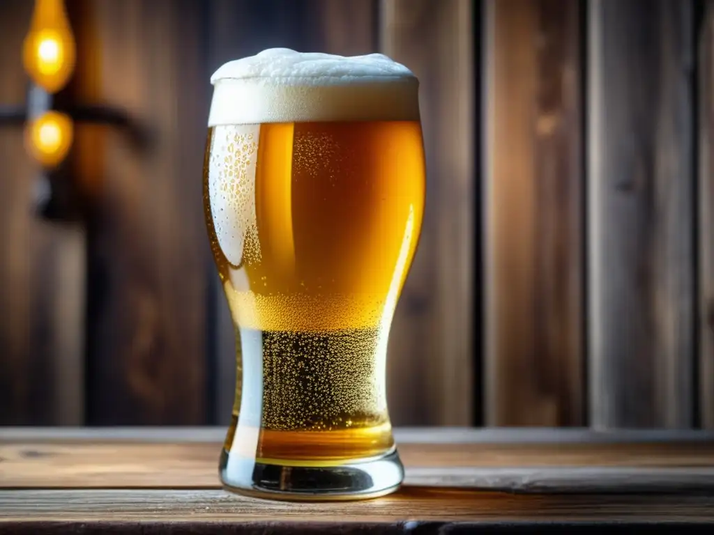 Cerveza artesanal dorada y espumosa en vaso de vidrio sobre una mesa de madera rústica, con condensación y lúpulos dispersos - Mercado Sostenible