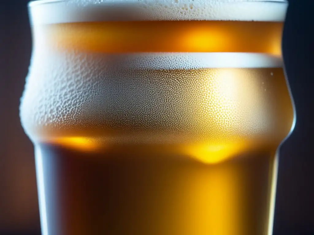 Cerveza artesanal en vaso, condensación brillante, burbujas y colores vibrantes