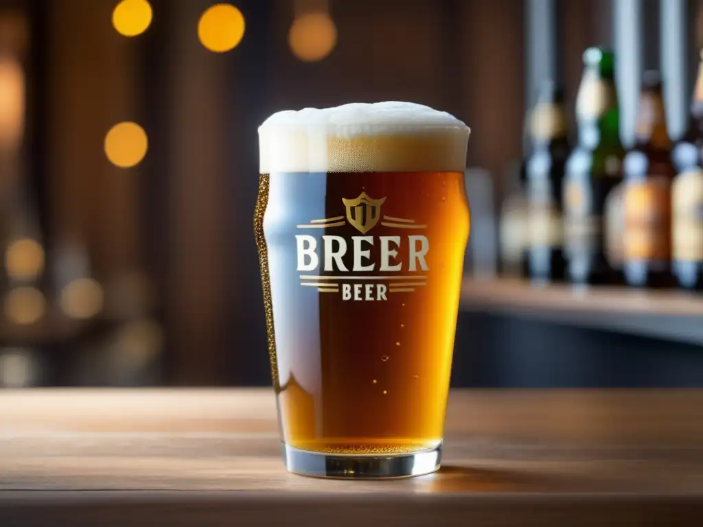 Pintura de cerveza artesanal dorada en vaso, condensación en el mostrador de madera rústica - Bares en Montreal