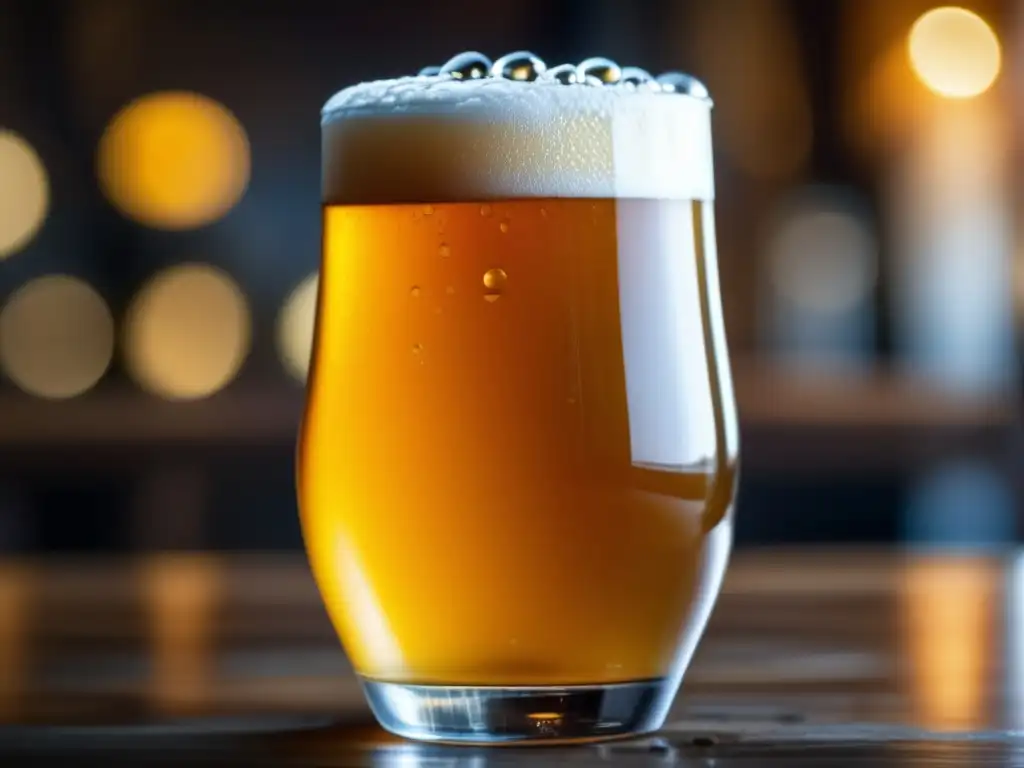 Cerveza artesanal dorada en vaso con burbujas y condensación