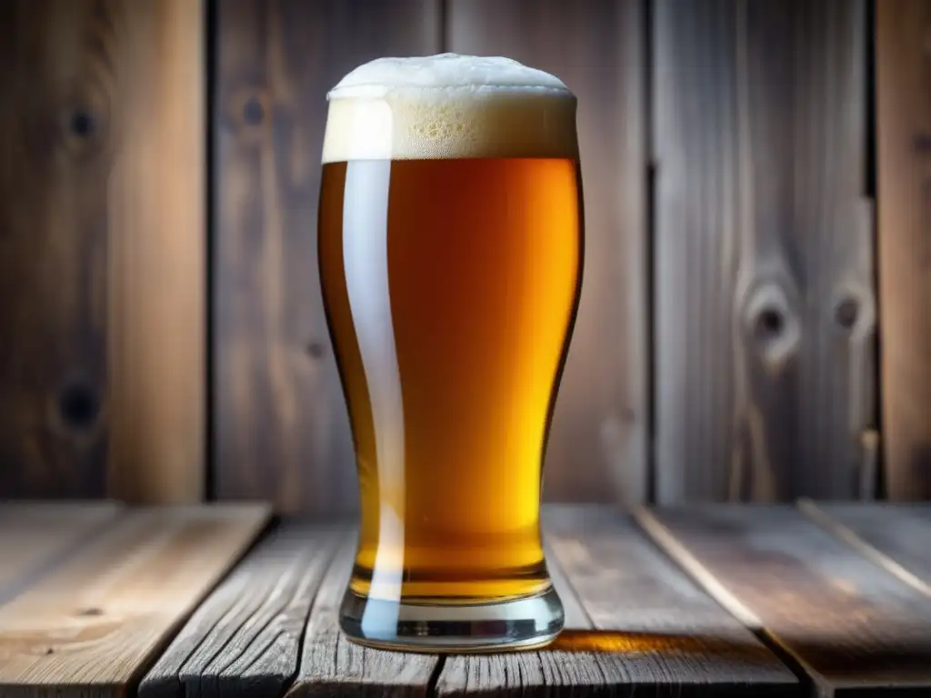 Cerveza artesanal dorada en vaso de cristal Cerveza artesanal dorada con burbujas y espuma en vaso de cristal sobre madera - Primeros Pasos