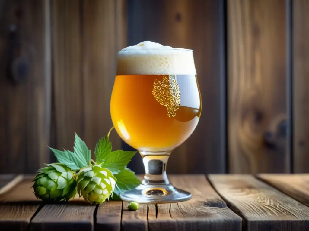 Cerveza artesanal dorada con espuma en vaso, resalta colores ámbar, sombras y detalles