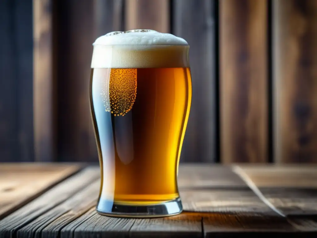Cerveza artesanal dorada con espuma cremosa Cerveza artesanal dorada en vaso de vidrio sobre mesa de madera - Viajes a Francia