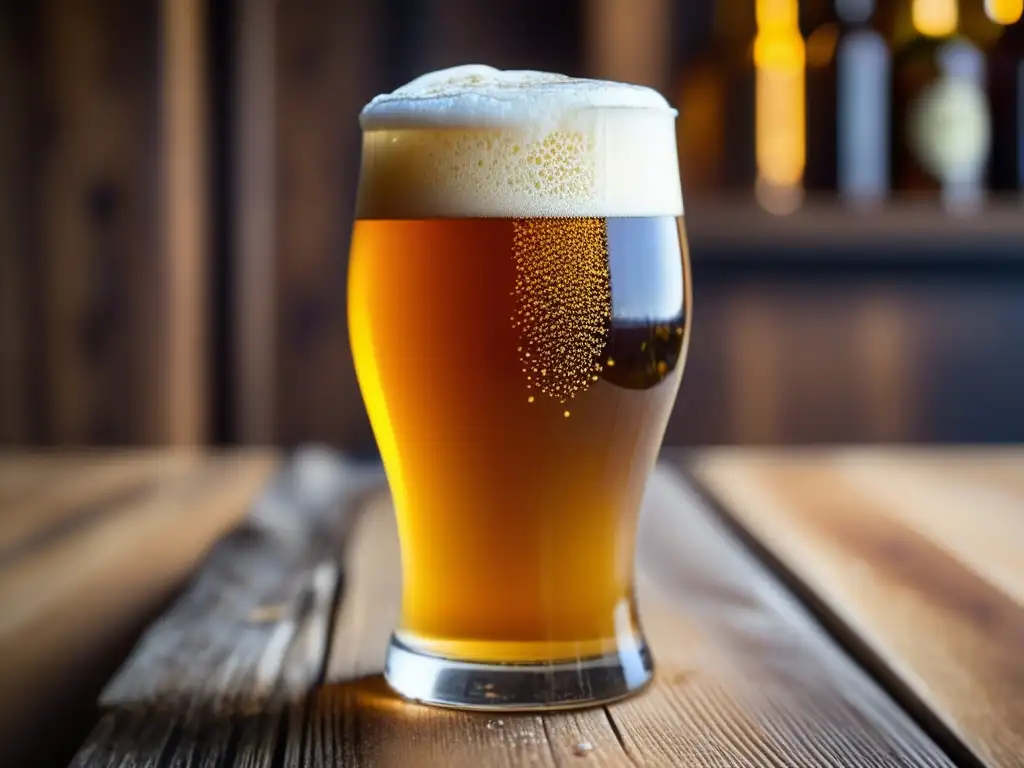 Copa de Cerveza del Sur: Cerveza artesanal dorada, burbujas efervescentes y mesa de madera rústica