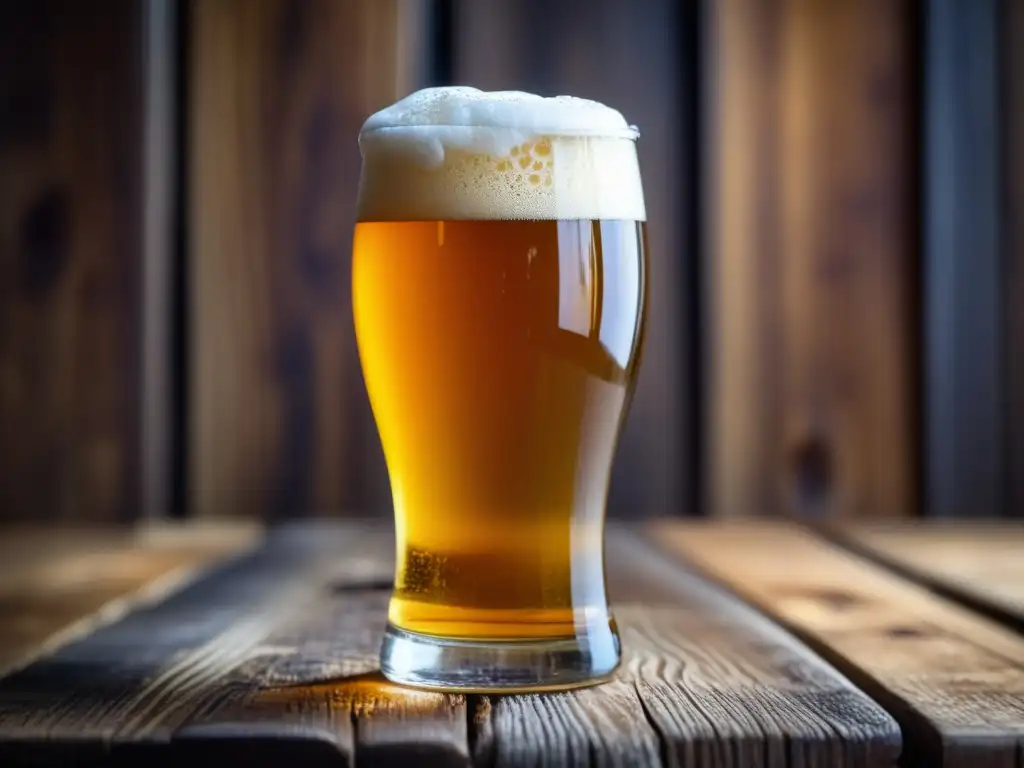 Cerveza artesanal dorada en vaso Cerveza artesanal con técnicas modernas en mesa rústica
