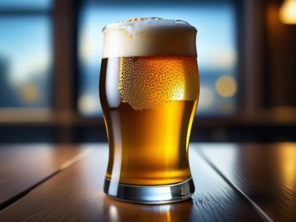 Cerveza artesanal dorada y efervescente en vaso de cristal sobre mesa de madera pulida, con luz natural y detalles meticulosos