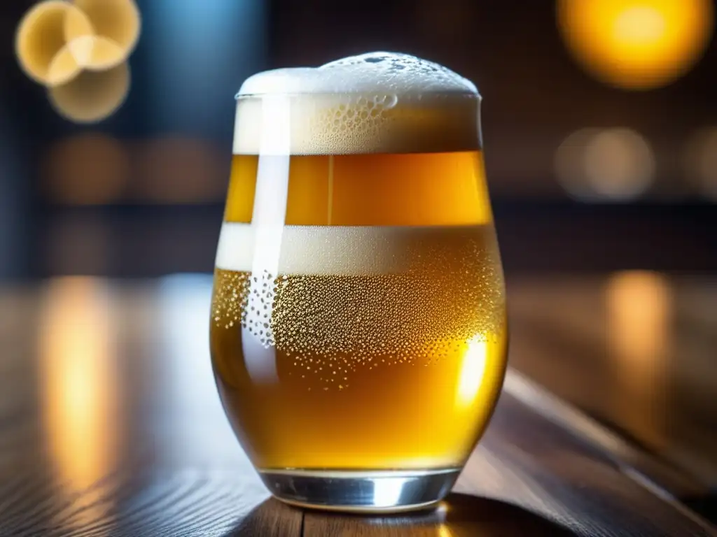 Cerveza artesanal dorada en vaso de vidrio sobre mesa de madera, con espuma blanca, burbujas y condensación