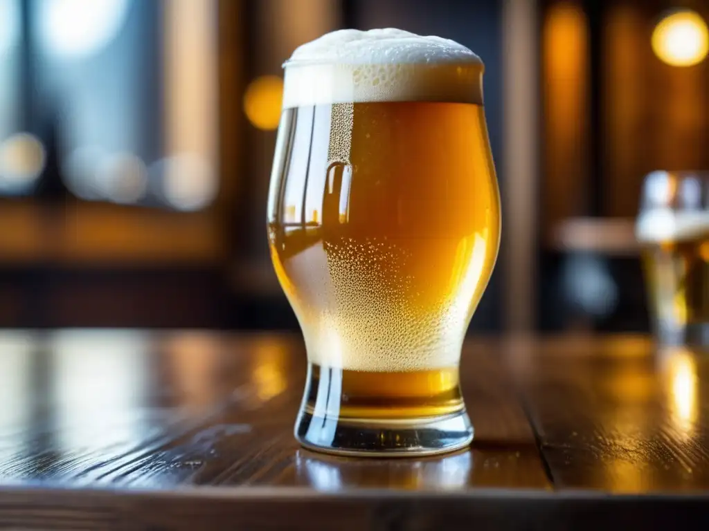 Un vaso de cerveza artesanal dorada con burbujas y espuma en una mesa de madera rústica - Secretos del Lúpulo