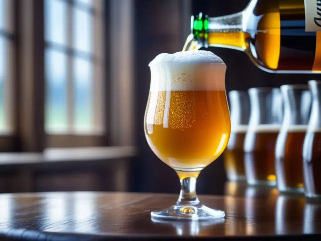 Cerveza artesanal dorada en copa tulipa Cerveza Farmhouse Ale dorada y espumosa en vaso tulipa, con ricos detalles y carbonatación en mesa rústica