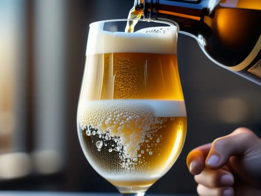 Cerveza artesanal dorada, burbujeante y detallada, entre historia y modernidad