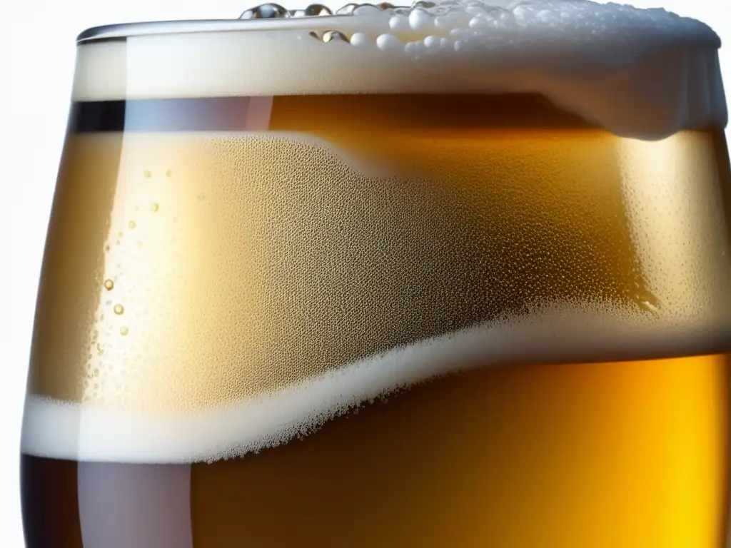 Cerveza casera dorada y espumosa, con burbujas que crean una efervescencia hipnotizante