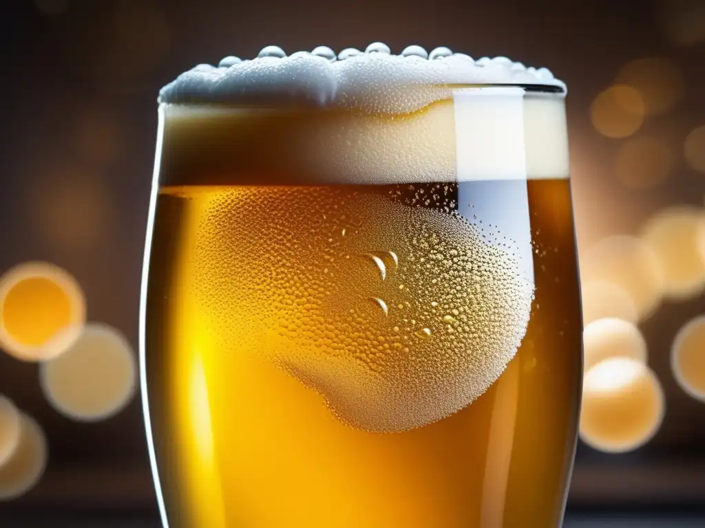 Cerveza artesanal dorada con burbujas, lúpulo, agua y pasión