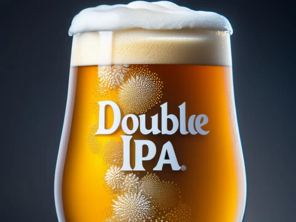 Cerveza IPA doble, dorada y espumosa Vaso de cerveza Double IPA con líquido dorado, espuma cremosa y ambiente cervecero