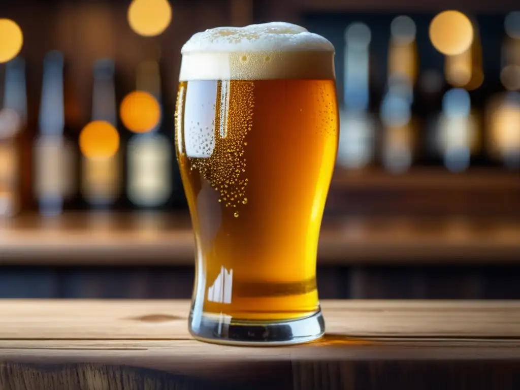 Cerveza artesanal dorada en bar de madera Cerveza artesanal dorada en vaso sobre barra de madera - Clubes cerveceros España