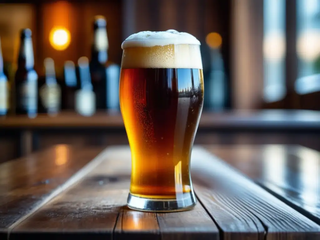 Cerveza artesanal en bar de madera Un vaso de cerveza artesanal en un bar de madera en Nueva York