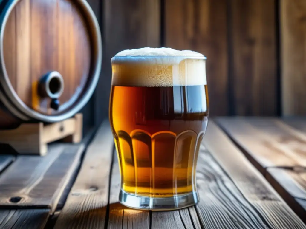 Cerveza artesanal en mesa rústica Cerveza casera con técnicas avanzadas en barricas, clarificación y maduración en frío