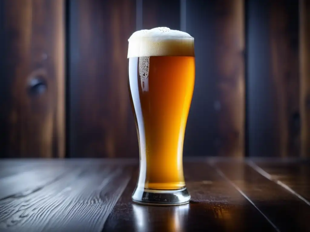 Cerveza artesanal espumosa en copa elegante Pinta de cerveza artesanal ámbar con espuma cremosa y burbujas, en copa elegante sobre fondo de madera - Bares en Londres