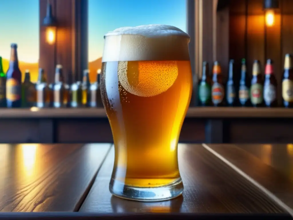 Cerveza artesanal en mesa de madera Imagen de cerveza artesanal rodeada de botellas coloridas en una mesa de madera - Consumidores Actuales