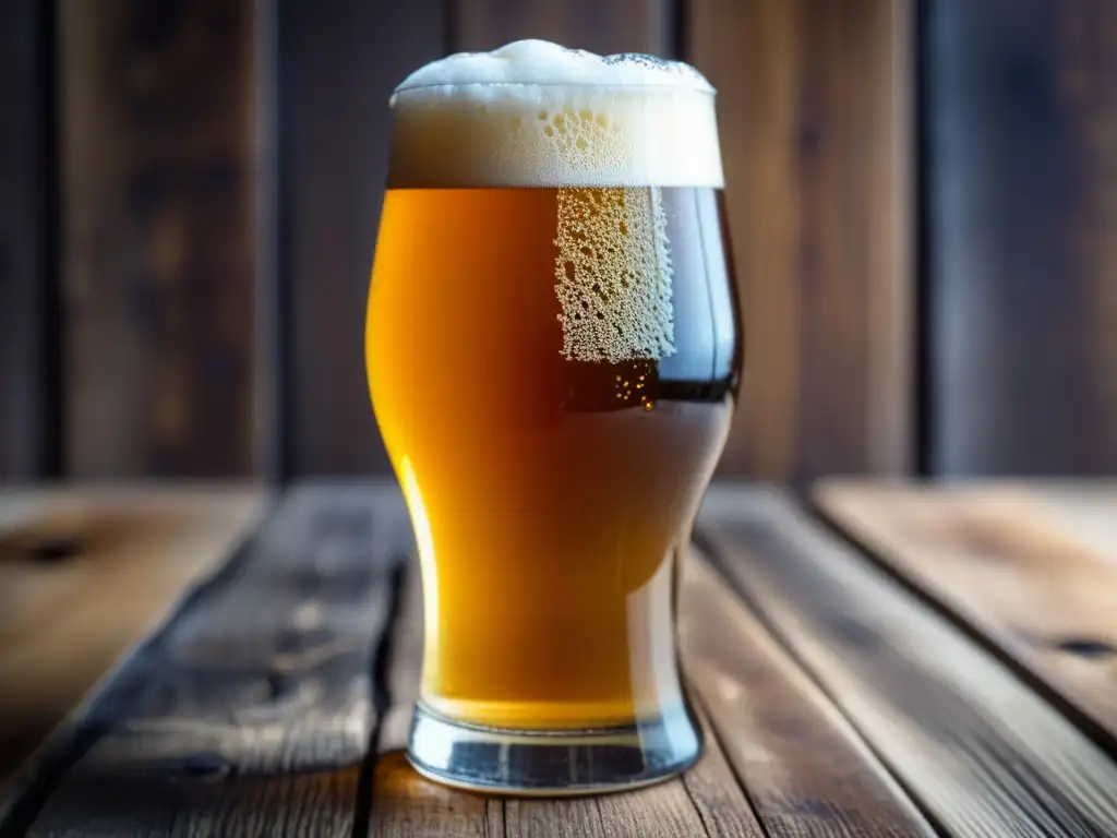 Cerveza artesanal con espuma cremosa y burbujas doradas en una mesa de madera rústica - Bares en Río de Janeiro