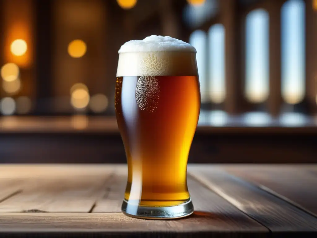 Detalle de cerveza artesanal en vaso de cristal, color ámbar y espuma abundante
