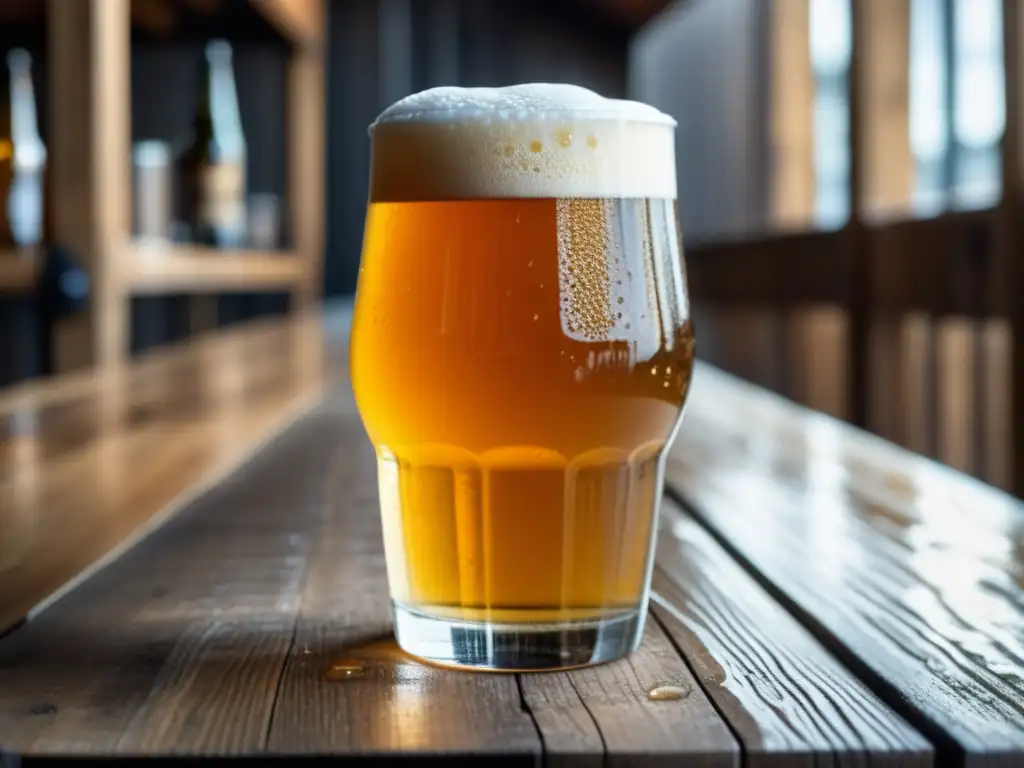Imagen detallada de una cerveza Session IPA en vaso, con burbujas y gotas de condensación en una mesa rústica
