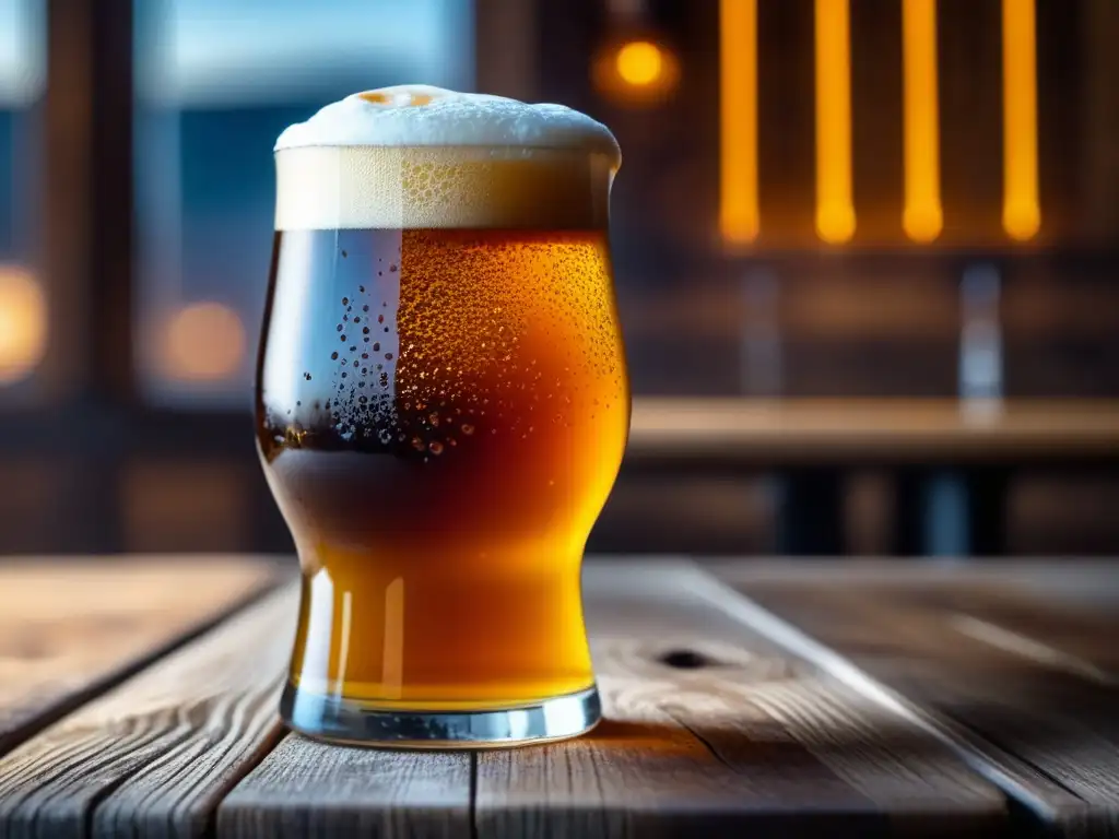 Introducción al mundo cervecero: Pinta artesanal con burbujas y condensación en mesa de madera