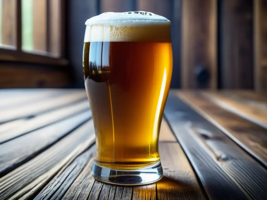 Detalles exquisitos de cerveza artesanal Imagen de una cerveza artesanal en una mesa de madera con detalle de burbujas, color, condensación, ingredientes y ambiente