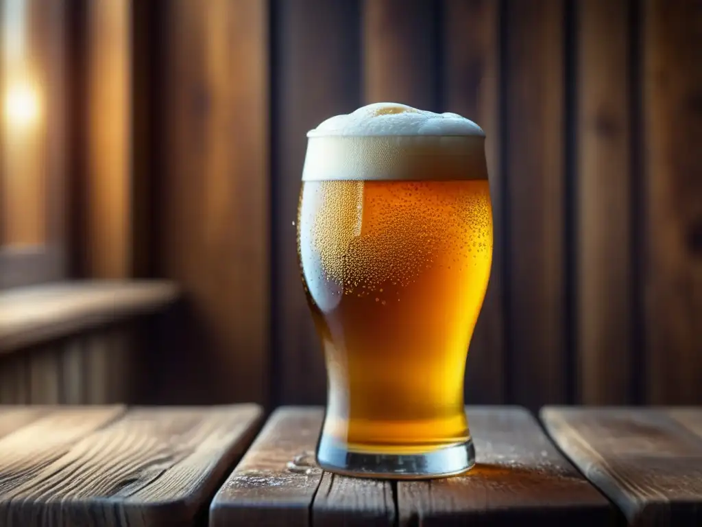 Cerveza artesanal en vaso de vidrio Cerveza dorada y espumosa en vaso de vidrio en mesa de madera rústica